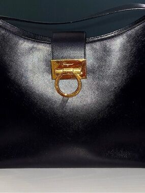 Authentic Salvatore Ferragamo Black Leather Shoulder Bag with Gold Ring Accent